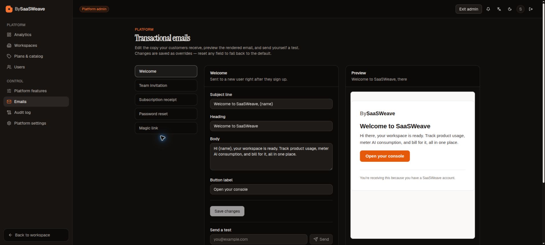 Transactional email workbench