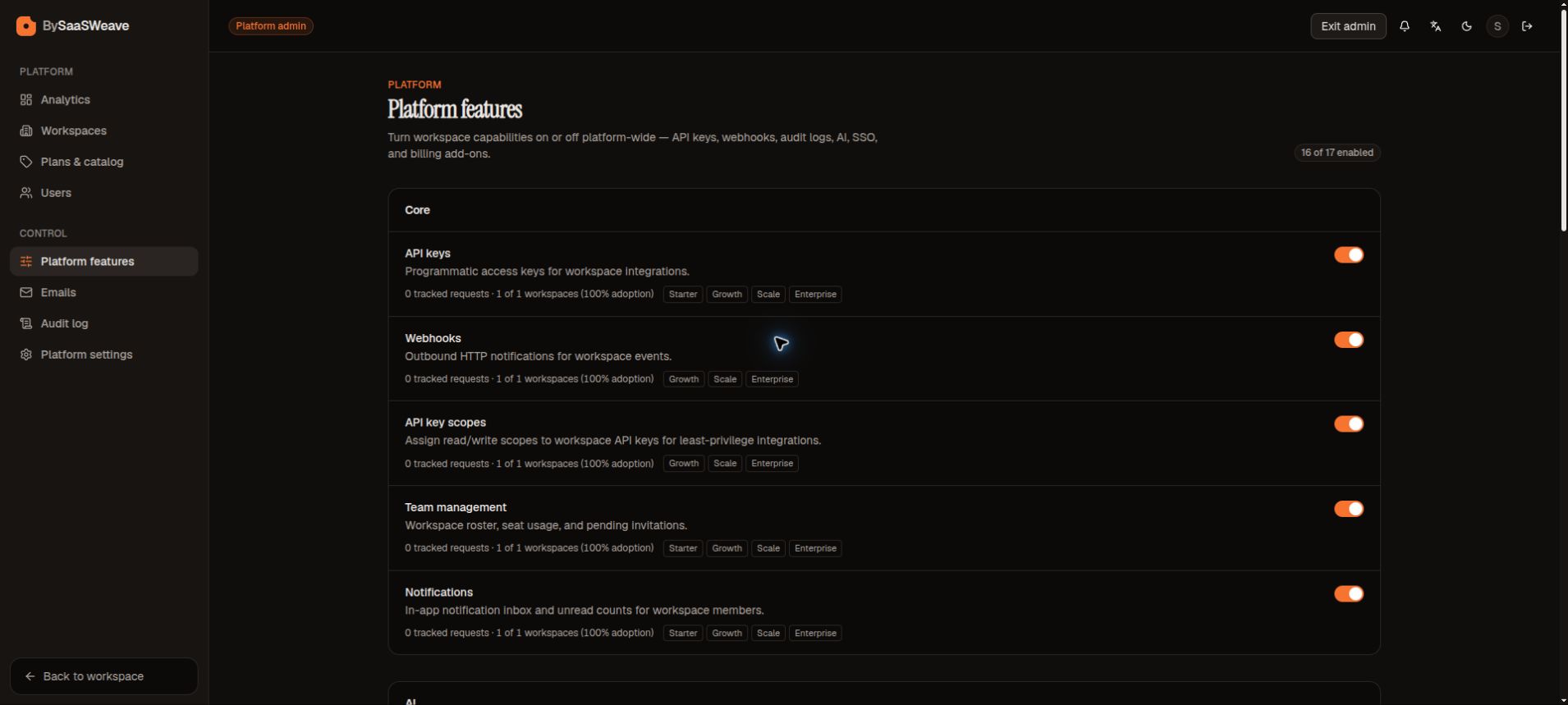 Platform feature controls