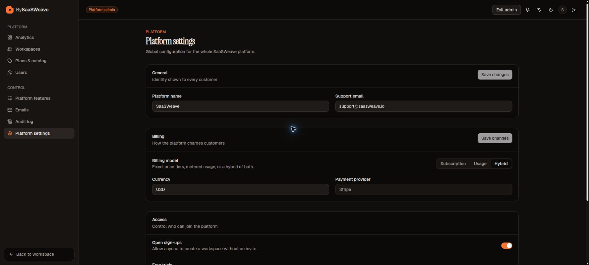 Global platform settings